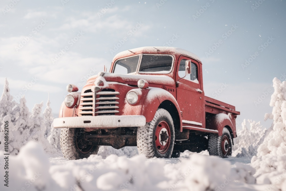 In the Vastness of the Snowy Landscape a Crimson and Ivory Truck Stands as a Sentinel Its Wheels Finding Solace on the Wintery Blanket In the Vastness of the Snowy Landscape a Crimson and Ivory Truck Stands as a Sentinel Its Wheels Finding Solace on the Wintery Blanket