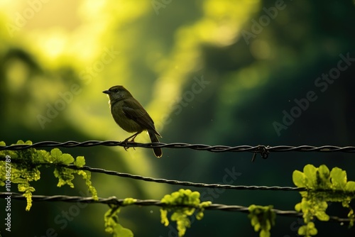 A Solitary Bird Perched Serene and Still on a Wire Its Striking Silhouette Etched against a Vibrant Tapestry of Verdant Foliage photo