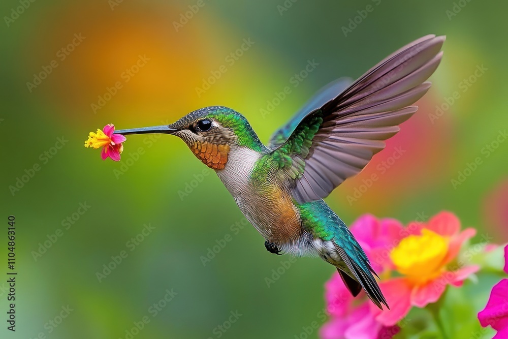 A vibrant hummingbird hovers in mid-air, its long beak extended to sip nectar from a pink flower. The bird's iridescent green and brown feathers shimmer in the sunlight. A vibrant hummingbird hovers in mid-air, its long beak extended to sip nectar from a pink flower. The bird's iridescent green and brown feathers shimmer in the sunlight.