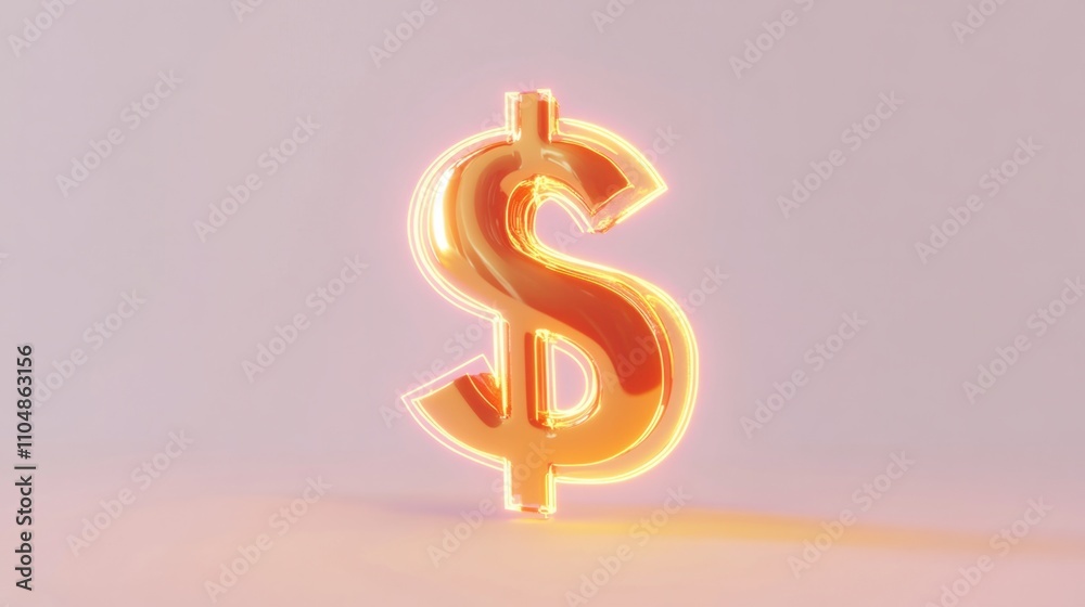 Single gold dollar sign in a playful 3D cartoon style, glowing brightly and standing upright on white Single gold dollar sign in a playful 3D cartoon style, glowing brightly and standing upright on white
