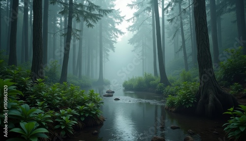 Foggy forest stream with tall trees photo