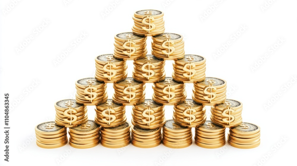 Stacked shiny gold dollar signs in 3D cartoon style, arranged in a pyramid, isolated on white