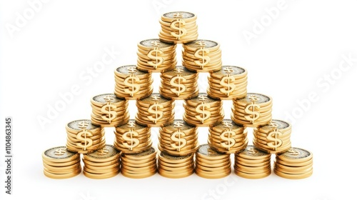 Obraz na płótnie Stacked shiny gold dollar signs in 3D cartoon style, arranged in a pyramid, isolated on white w salonie