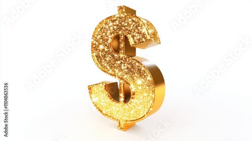 Vibrant gold dollar sign in 3D cartoon style, with sparkling edges, standing on white