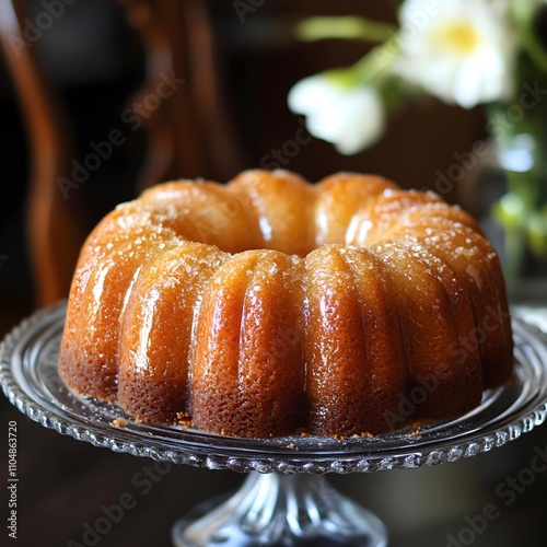 Close-up of a delicious rum cake beautifully placed on a plate