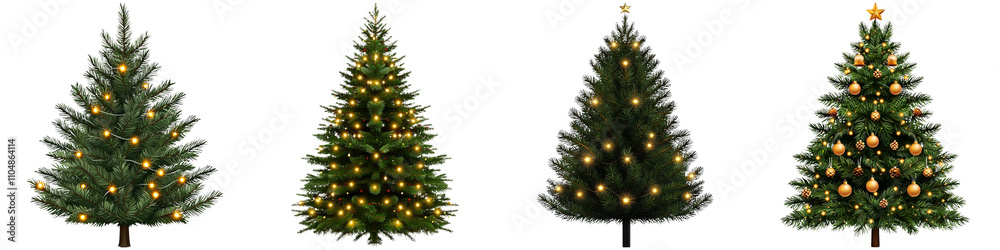Christmas tree isolated, Four beautifully decorated Christmas trees adorned with lights and ornaments, showcasing various styles and fullness. Christmas tree isolated, Four beautifully decorated Christmas trees adorned with lights and ornaments, showcasing various styles and fullness.