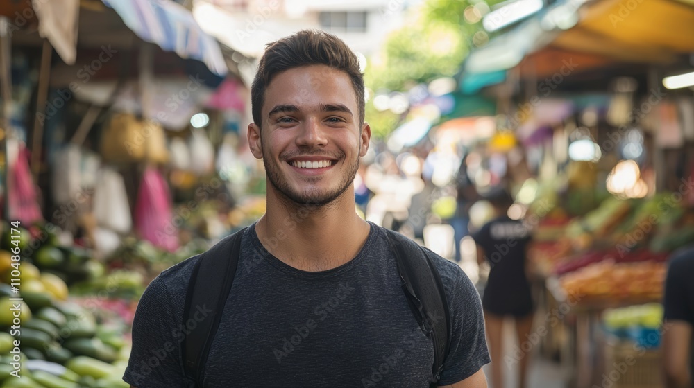 Young Man Exploring Vibrant Local Market with Fresh Produce - Casual Lifestyle in Lively Atmosphere Young Man Exploring Vibrant Local Market with Fresh Produce - Casual Lifestyle in Lively Atmosphere