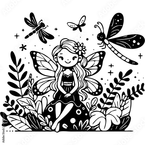 Fairy girl with wings sits in forest clearing surrounded fluttering dragonflies in monochrome. Love and protection of nature. Simple minimalistic vector in black ink drawing on transparent background