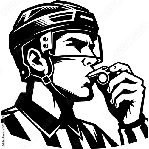 Hockey referee close up blowing whistle for foul in monochrome. Simple minimalistic vector in black ink drawing on transparent background