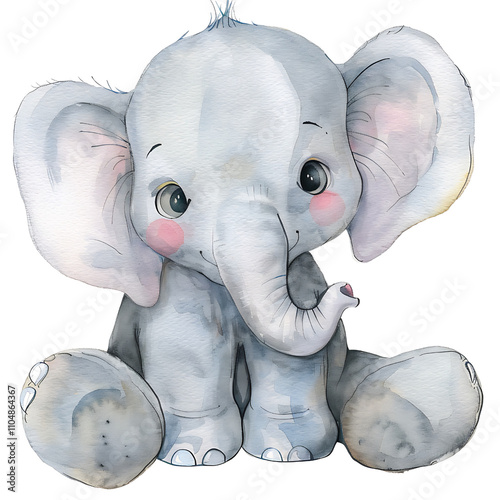 A single watercolor clipart of an adorable baby elephant with soft gray tones and pink cheeks on a white background. 8k UHD, suitable for high-quality printing or digital display.  photo