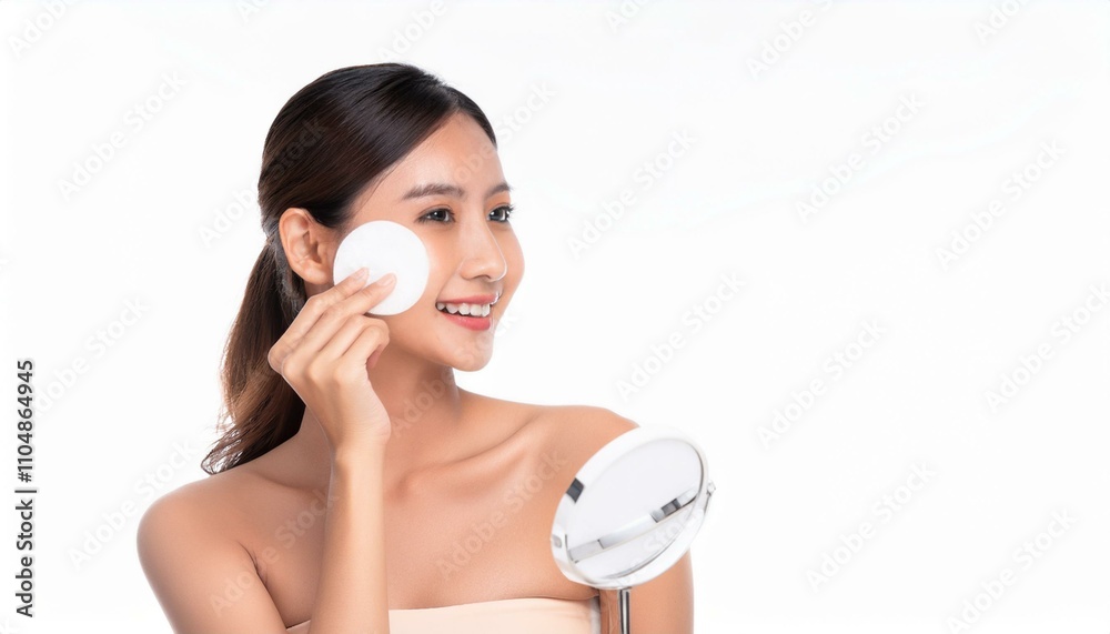 Firefly Attractive young Asian woman smile and uses cotton pad with toner for cleaning make up feeli Firefly Attractive young Asian woman smile and uses cotton pad with toner for cleaning make up feeli