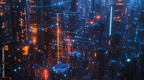 Smart digital city with connection cyber security network reciprocity over the cityscape . future smart wireless digital city and social media networking systems that connects people within the city 