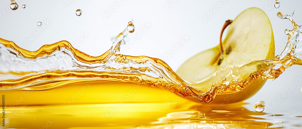 Fototapeta premium wave of apple juice splashes energetically against white background, capturing freshness and vibrancy of fruit. dynamic motion and vivid colors create refreshing scene