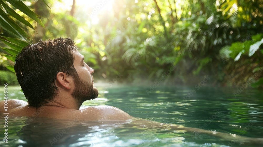 Fototapeta premium Relaxation in Nature: Man Enjoying a Tranquil Swim in Crystal Clear Natural Pool Surrounded by Greenery