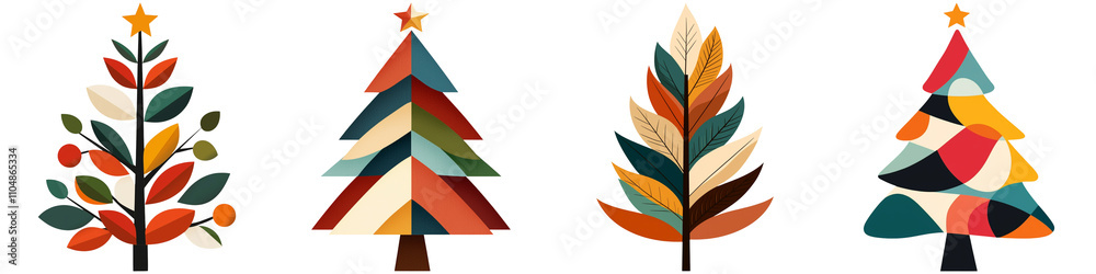 Fototapeta premium Christmas tree isolated, Four stylized Christmas trees featuring colorful decorations and unique patterns.