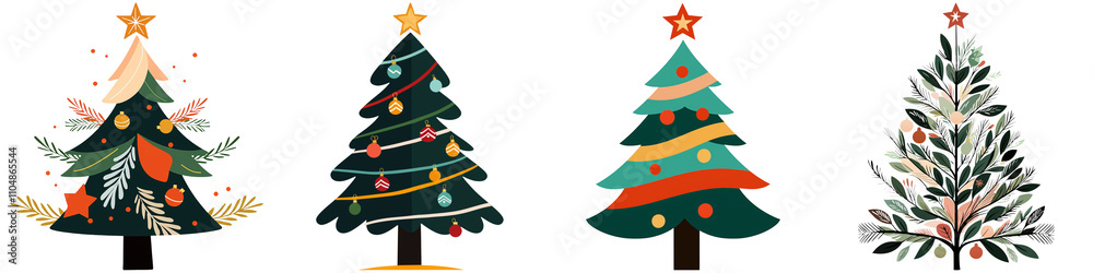Christmas tree isolated, A collection of four distinct Christmas trees, each adorned with unique decorations and colors, showcasing festive designs and themes. Christmas tree isolated, A collection of four distinct Christmas trees, each adorned with unique decorations and colors, showcasing festive designs and themes.