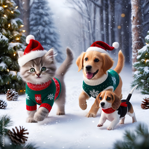  A Whimsical Winter Wonderland: A Playful Kitten and Two Adorable Puppies Joyfully Frolic Together in a Snowy Forest, Dressed in Festive Christmas Attire, Surrounded by Sparkling Snowflakes and Twinkl photo