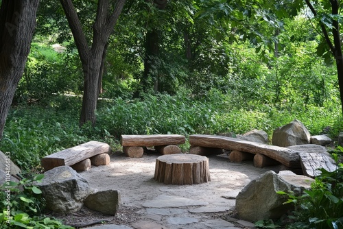 Serene Forest Gathering Space with Natural Log Seating - Tranquil woodland setting featuring rustic log benches, a tree stump table, and natural stone accents.  Evokes peace, nature, community, relaxa photo