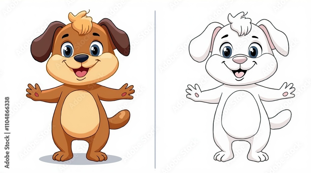 Cute Cartoon Puppy Character in Color and Outline Versions Cute Cartoon Puppy Character in Color and Outline Versions