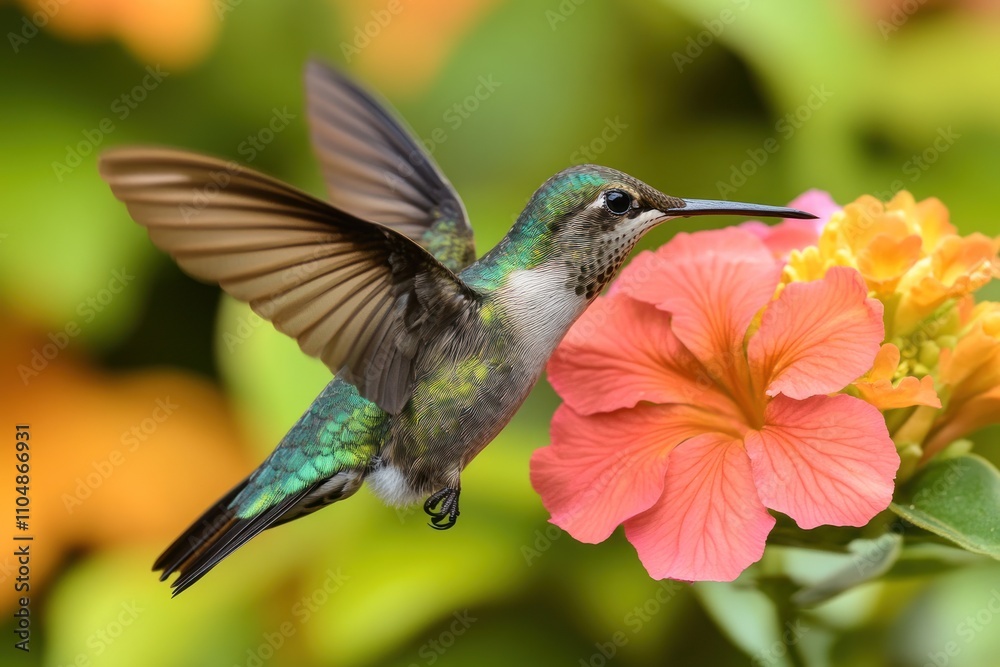 A hummingbird hovers in mid-air, its wings a blur, as it feeds on nectar from a vibrant pink flower. The background is a soft blur of green foliage and orange blossoms. A hummingbird hovers in mid-air, its wings a blur, as it feeds on nectar from a vibrant pink flower. The background is a soft blur of green foliage and orange blossoms.