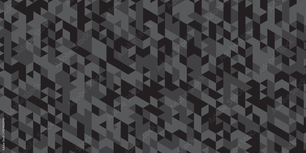 Geometric black and gray seamless mosaic and low polygon triangle texture wallpaper background. Triangle shape retro wall grid pattern geometric ornament tile vector square element.
Geometric black and gray seamless mosaic and low polygon triangle texture wallpaper background. Triangle shape retro wall grid pattern geometric ornament tile vector square element.