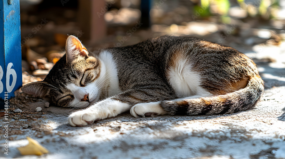 Tabby Cat Sleeping Peacefully Outdoors on Sunny Day Tabby Cat Sleeping Peacefully Outdoors on Sunny Day