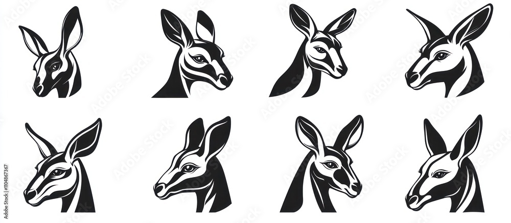 Fototapeta premium Eight Elegant Kangaroo Head Illustrations: A Collection of Black and White Vector Designs