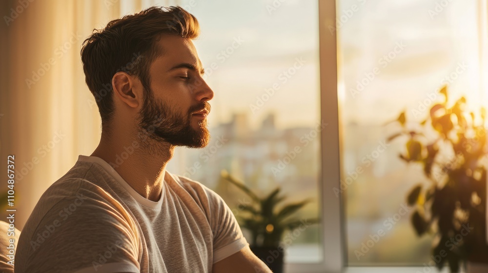 Serene Man Practicing Mindfulness in Sunlit Room with Peaceful Expression Reflecting Inner Calmness Serene Man Practicing Mindfulness in Sunlit Room with Peaceful Expression Reflecting Inner Calmness