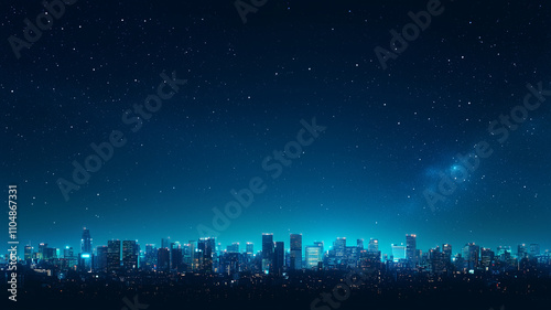 vibrant nighttime city skyline glows under starry sky, showcasing beauty of urban life and peak energy generation. illuminated buildings create stunning contrast against dark night