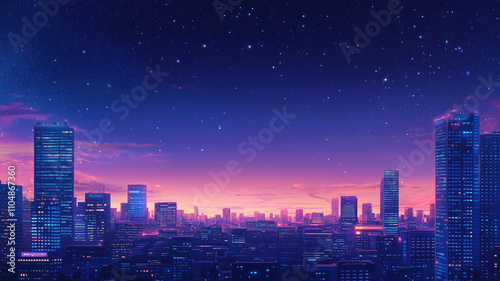 Wallpaper Mural vibrant nighttime city skyline with illuminated skyscrapers under starry sky, showcasing blend of modern architecture and serene twilight ambiance Torontodigital.ca
