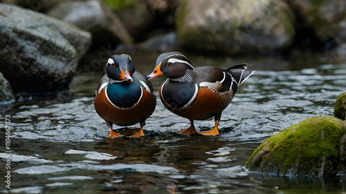 Pair of male and female Harlequin ducks Hirst  swimming in a line in lake river in a stone landscape background, photo