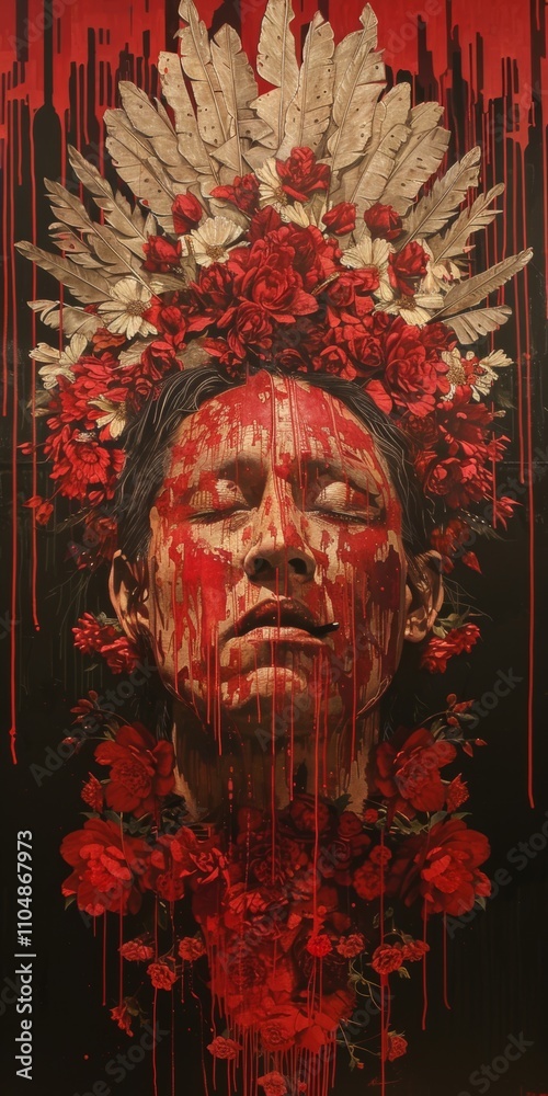 Vivid portrayal of a human figure adorned with flowers and feathers, drenched in red paint, exuding intensity and cultural significance Vivid portrayal of a human figure adorned with flowers and feathers, drenched in red paint, exuding intensity and cultural significance