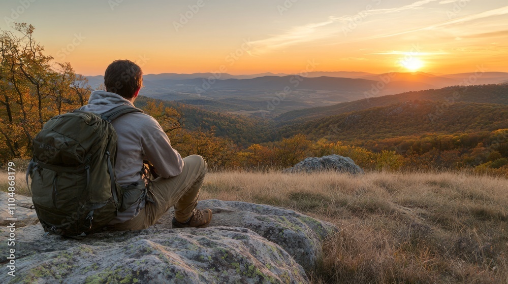 Serene Sunset Hike: Relaxed Man in Outdoor Gear Admiring Changing Colors of Nature in Mountain Landscape Serene Sunset Hike: Relaxed Man in Outdoor Gear Admiring Changing Colors of Nature in Mountain Landscape
