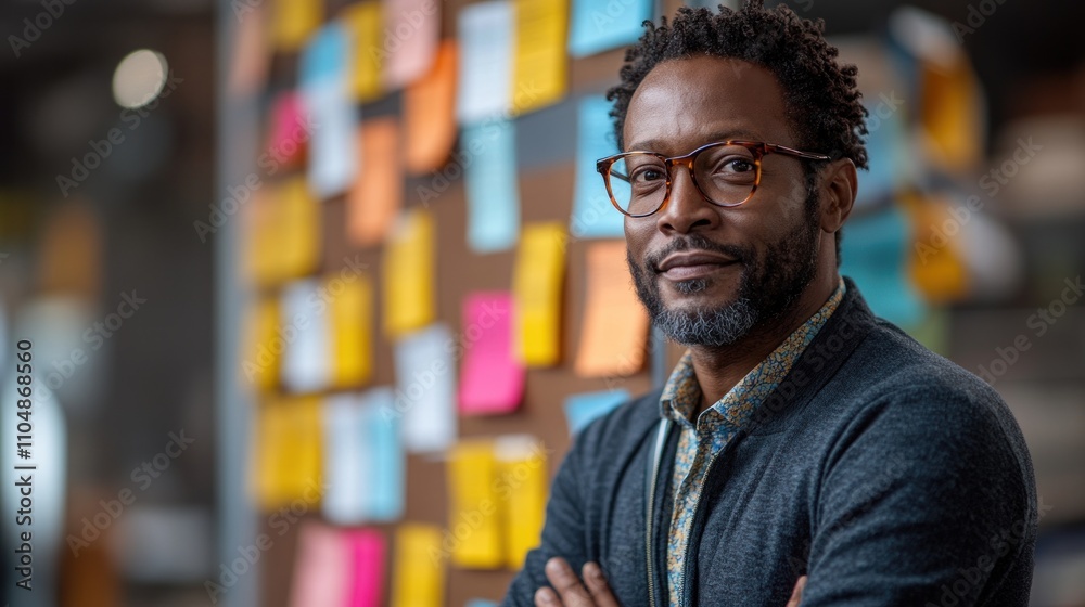 A confident businessman in glasses stands in front of a wall with colorful sticky notes. A confident businessman in glasses stands in front of a wall with colorful sticky notes.