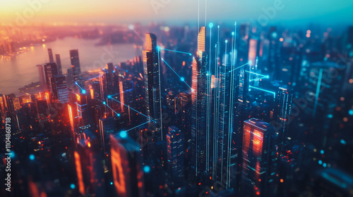 Smart digital city with connection cyber security network reciprocity over the cityscape . future smart wireless digital city and social media networking systems that connects people within the city 