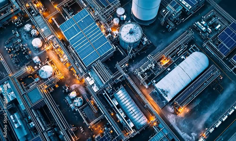 Aerial View of an Industrial Complex with Integrated Solar Panels at Night Aerial View of an Industrial Complex with Integrated Solar Panels at Night