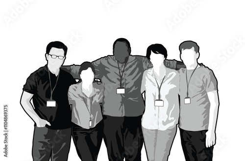 Group of different employee of a company. Teamwork with diverse people. No face greyscale vector illustration 