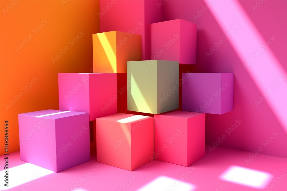 Fototapeta premium Geometric vector cubes stacked in perspective on a soft pink canvas.