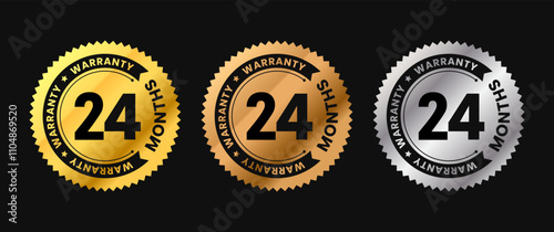 24 Months warranty icon in gold circle with circular text. Twenty four months warranty label in gold, bronze, silver colors. Vector illustration