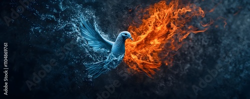 End of War and Peace Concept, Artistic Representation of a Dove Formed by Blending Fire and Water Elements in a Dramatic Contrast