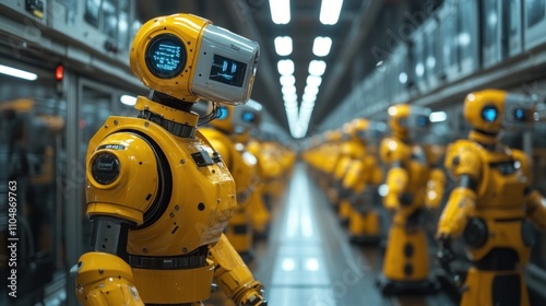 A line of yellow robots stand in a futuristic factory, facing the camera.