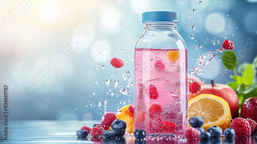 Fototapeta Naklejka Na Ścianę i Meble -  vibrant sports drink bottle with splashes of energy, surrounded by fresh fruits like raspberries, blueberries, and lemon, creating refreshing and dynamic scene