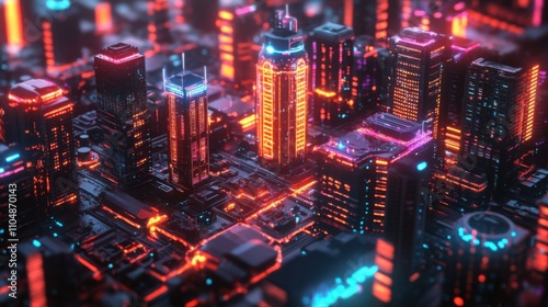 Futuristic Neon Cityscape with Glowing Skyscrapers at Night