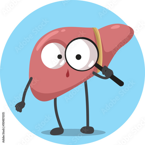 Liver Mascot Holding Magnifying Glass Vector Cartoon illustration. Evaluation of the internal organ at the gastroenterology and hepatology
