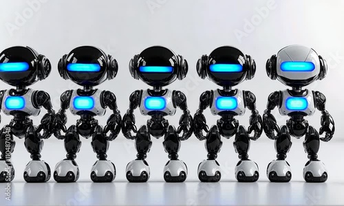 Five sleek, black and white robots standing in a row, holding hands.