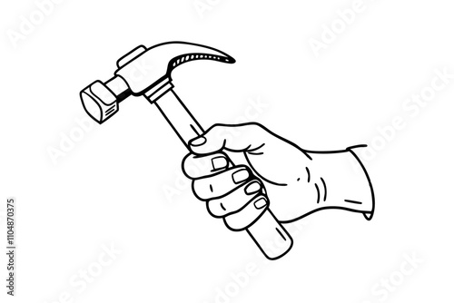 Line Drawing of Hand Holding Hammer - Vector Art Illustration