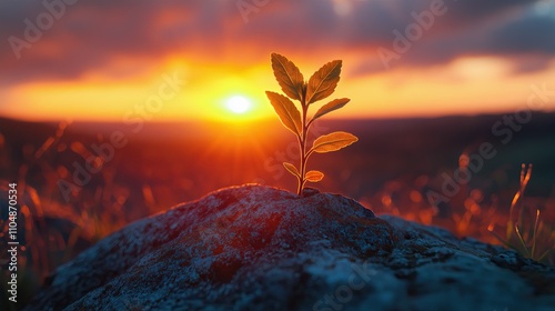 3d rendering of small plant growup from rock with sun rise background photo