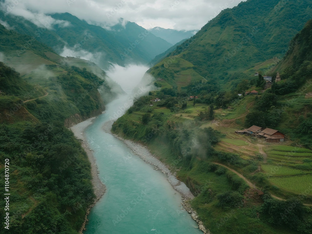 Scenic river cutting through misty forested mountains traditional cottages riverside, untouched wilderness serene atmosphere tranquil landscapes beauty nature meditation relaxation wallpaper backdrop