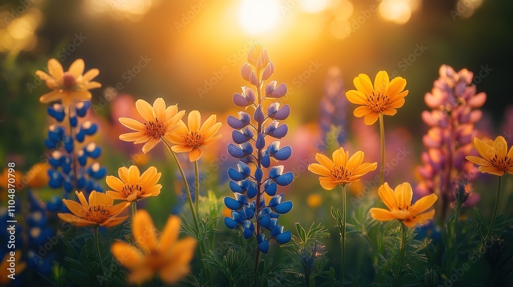 A field of colorful wildflowers basking in the warm glow of the setting sun, with soft bokeh in the background. A field of colorful wildflowers basking in the warm glow of the setting sun, with soft bokeh in the background.