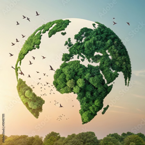 Green Planet Birds Flying Over Lush Earth Globe Ecology Concept